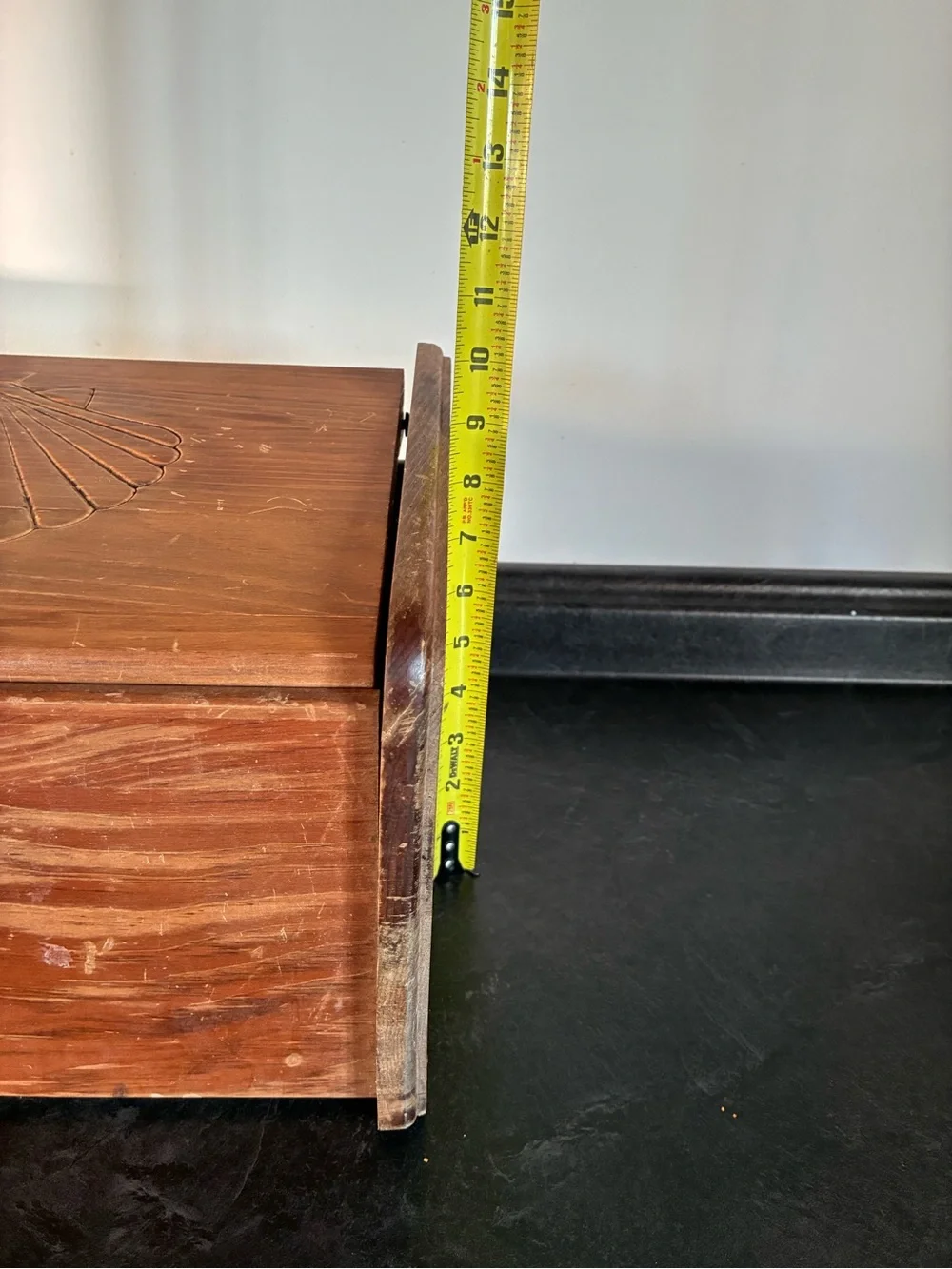 Vintage Cornwall Wooden Bread Storage Box Chest Brown Shell Design 16x10x10